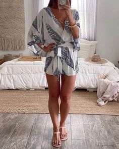 Lasaky - Half Sleeve V-Neck Plant Print Playsuit Jumpsuit Casual, Floral Print Rompers, Short Sleeve Jumpsuits, Trendy Fashion Outfits, Casual Jumpsuit, Jumpsuit With Sleeves, Printed Jumpsuit, Printed Rompers, Leaf Print