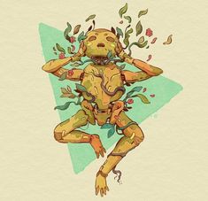 a drawing of a creature with leaves on it's head and hands in the air