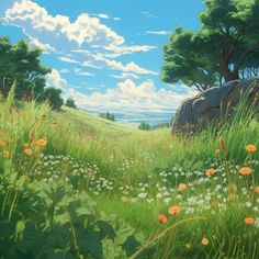 an anime scene with grass, rocks and flowers in the foreground on a sunny day