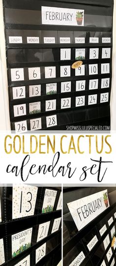 the golden cactus calendar set is on display in front of a white wall with black and gold