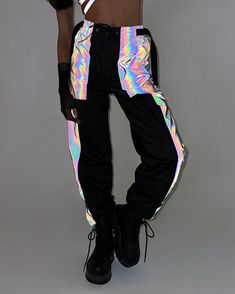 Time 2 Get Lit Rainbow Reflective Cargo Joggers-Black/Rainbow-Reflective--Hannah---S Edm Girls Outfits, Reflective Rave Outfit, Raver Girl Outfits, Reflective Outfit, Raver Outfits, Rave Bottoms, Rave Shorts, Rave Shirts, Rave Tops