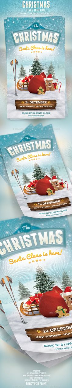 three christmas flyers with santas sleigh and trees in the snow on them