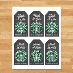 six starbucks gift tags with the words thank a latte and starbucks's logo