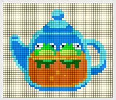 a cross stitch pattern of a teapot with two pumpkins on it's face