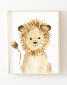 a watercolor painting of a lion with a flower in it's mouth, on a white background