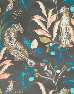 a wallpaper with leopards, birds and flowers on a dark grey background is shown