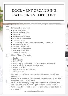 a checklist with the words document organizing and an image of a woman's face