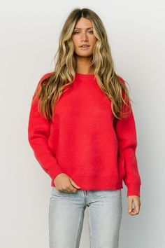 Our basic sweater is in! With a cherry red color, sweater knit material, and a comfy fit; this is the sweater for you! Cocktail Jumpsuit, Cherry Red Color, Destination Dress, Baltic Born, Color Sweater, Basic Sweaters, Romper Outfit, Velvet Fashion, Red Sweater