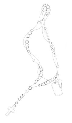 a drawing of a rosary with a cross hanging from it's end and a tag attached to the bead