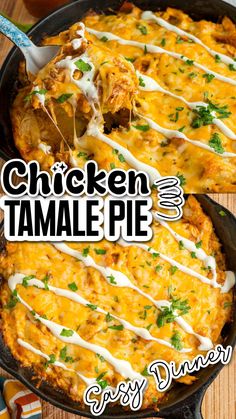 chicken tamale pie in a cast iron skillet