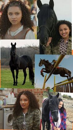 a collage of photos with horses and people in the middle one has a horse on it's head