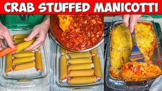 two pictures showing how to make crab stuffed manicotti in the same pan as pasta