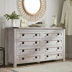 In a farmhouse vintage style, this OKD 8 drawer double dresser for bedroom is outlined with classical shape, which has a wide dresser top and a stable cabinet base. The horizontal dresser comes with 8 stacking large drawers to hold a variety of everyday items such as clothes, tablets, cell phones, etc. The 54-inch wide surface on the top of the white dresser displays your photo albums, flowers, decorations and more. Quality metal drawer pulls with smooth drawer slides make it easier to access yo White Washed Dresser, Horizontal Dresser, White Wash Dresser, Rustic Chest Of Drawers, Cabinet Base, Tall Chest Of Drawers, Solid Wood Dresser, 8 Drawer Dresser, Drawers Dresser