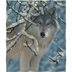 a painting of a wolf standing in front of snow covered trees and branches with blue sky behind it