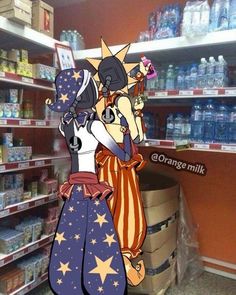 two cartoon characters are standing in front of shelves with bottled water and sodas behind them