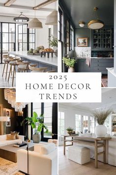 a collage of photos with the words home decor trend in white and grey colors