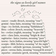 a poem written in black and white with the words,'the signs as lovely girl names