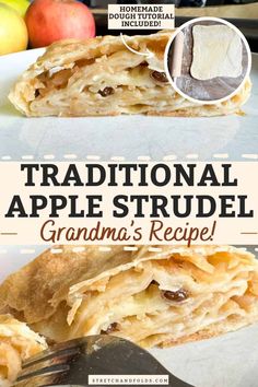 traditional apple strudel grandma's recipe on a plate with apples in the background