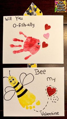 two handprints with hearts and a bee on them that say, will you o - fish ally?