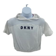 Dkny Sport Girl's White Mesh Short Sleeve T-Shirt Hoodie Size 7 Nwt | Size: 7 | Color: White | Fabric: 100% Cotton Item Id: Q226-10 White Short Sleeve Hoodie For Streetwear, White Hooded Tops For Summer, Hooded Letter Print Top For Summer, Hooded Tops With Logo Print For Spring, White Short Sleeve Hoodie With Letter Print, Sporty White Hooded T-shirt, Camouflage T Shirts, Cap Sleeve Tee, Mesh Short