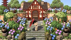 an animated image of a woman holding an umbrella in front of a house with flowers