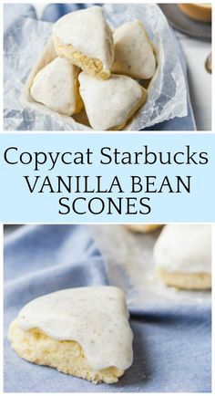 some food is sitting on top of a blue cloth and the words copycat starbucks's vanilla bean scones