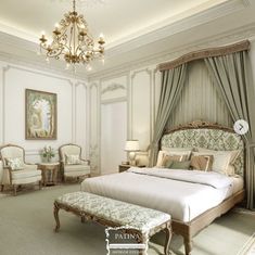 a large bed sitting in a bedroom next to two chairs and a chandelier