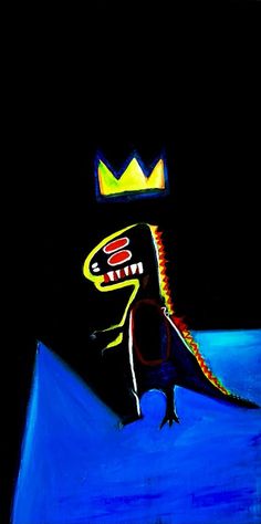 a painting of a dinosaur with a crown on it's head, in the dark