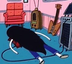 a cartoon character laying on the floor in front of some guitars and other musical instruments