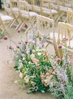 a bunch of chairs sitting next to each other with flowers growing out of the seats