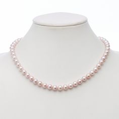 A timeless necklace of luminous pink freshwater cultured pearls with gold and diamond clasp. A fresh alternative to classic white, pink pearls are prized for their ability to flatter every complexion. Pink freshwater cultured pearls, 7mm. Diamonds, 0.02ctw. 18-karat yellow gold. 17"L. Elegant Pink Pearl Drop Necklace, Elegant Pink Pearl Necklace With Pendant, Classic Rose Gold Akoya Pearl Necklace, Elegant Pink Pearl Necklace For Anniversary, Classic Rose Gold Pearl Necklace, Pink Akoya Pearl Single Strand Necklace, Classic Rose Gold Pearl Charm Necklace, Classic Pink Akoya Pearl Jewelry, Luxury Pink Pearl Necklace For Wedding