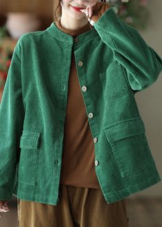 Boutique Yellow Stand Collar Pockets Solid Corduroy Coats Fall Plus Size Outfits Winter, Women's Winter Coats, Autumn Coat, Coat Patterns, Cotton Coat, Vintage Coat, Corduroy Jacket