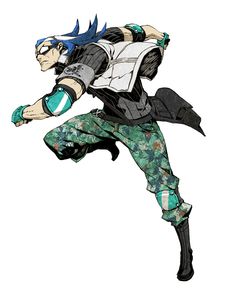 a drawing of a man with blue hair and green pants is in the air while holding his arms out