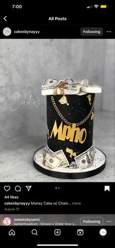 a black and gold hat with money on it