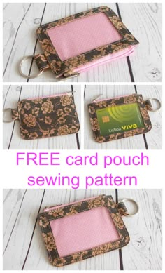 three images showing how to make a purse with a free card pouch and keychain