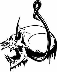 a black and white drawing of a fish hook with teeth on it's head