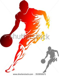 basketball player dribbling the ball with his arm and leg, silhouette on white background