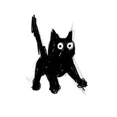 a drawing of a black cat with big eyes on it's face and tail