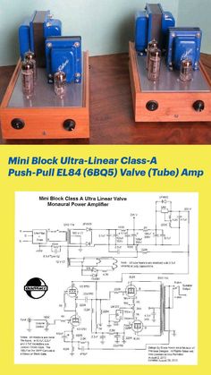 two audio devices sitting side by side on top of a wooden table with the words mini block ultra - linear class a