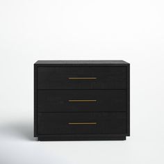 a black and gold dresser with three drawers on the bottom, against a white background