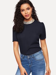 Contrast Sequin Collar Keyhole Back Blouse Latest Blouses, Sequin Collar, Fall Blouse, Navy Fashion, Women Blouses, Sequin Fabric, Blouse Online, Shein Style, Blouse Styles