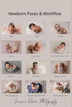 newborn poses and workflows are shown in this poster, which shows the baby's birth pictures