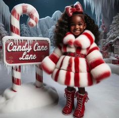 a doll is standing in front of candy cane lane sign with snow and icing