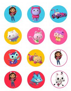 various cartoon character stickers on a white background with pink and blue circles around them