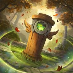 an artistic painting of a tree stump with a green eye in it's center