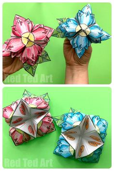 three pictures of different types of paper flowers