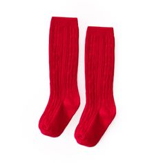 Our cable knit knee high stockings are our signature style of socks. Perfect for all seasons and styles- we are certain they'll fit into your little ones wardrobe. Machine wash cold with like colors. Tumble dry low or lay flat to dry. 76% cotton / 22% polyester / 2% spandex Imported. Red Knee High Socks, Cable Knit Tights, School Spirit Wear, Knee High Stockings, Knit Tights, Boys Bottoms, Boys Romper, High Knees, Under Dress