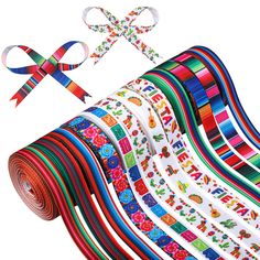 PRICES MAY VARY. Mexican colorful ribbons: this grosgrain ribbon set is based on the Mexican serape style with 7 different rainbow stripe patterns; there are also colorful flowers, papel picado, cactus, hats, guitars and other patterns, which are very fashionable and have ethnic characteristics. Various attractive styles: you will get a total of 12 different fiesta ribbons for you to choose and match; each roll of fiesta ribbon is 3/8 inch wide and 5 yards long, for a total of 60 yards that is a Mexican Theme Party, Mexican Theme, Party Events, Fiesta Party, Theme Party, Cactus, Rolls, Ribbon