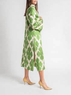 Fergana Silk Caftan Duster | Elysian by Emily Morrison. Silk Caftan, Tashkent Uzbekistan, Colors Matching, Jeans And Flats, Silk Ikat, Istanbul Turkey, Seychelles, Blue Diamond, Mandarin Collar