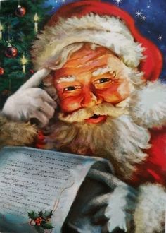 a painting of santa claus reading a book